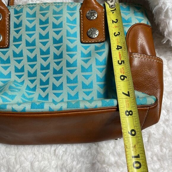 Michael Kors Monogram Blue canvas medium Satchel with leather tan trims &straps - Picture 12 of 12